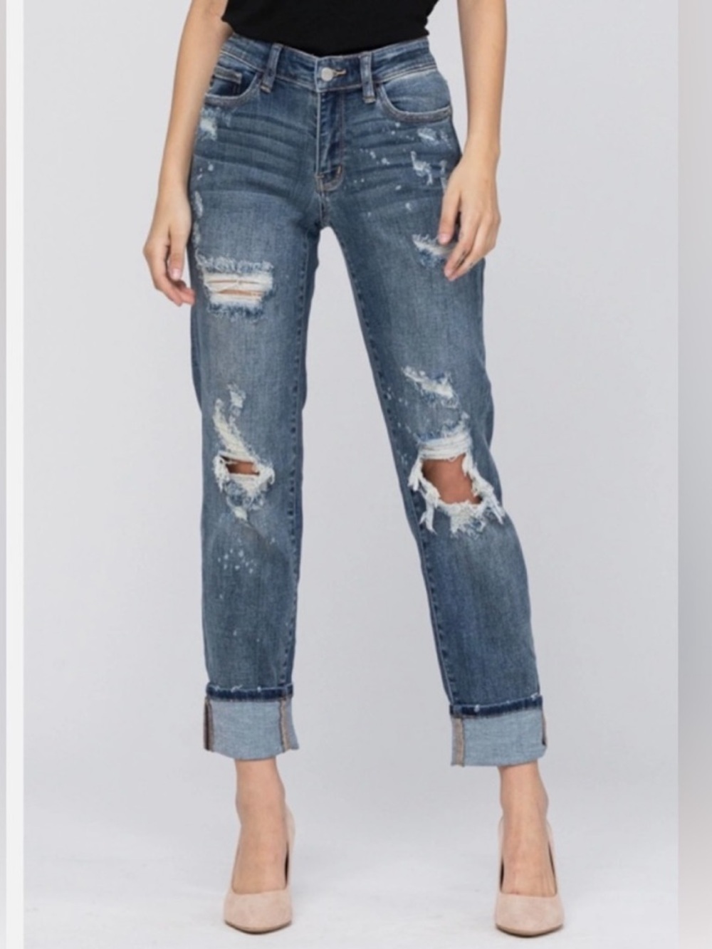 JUDY BLUE Boyfriend Distressed Shredded Grunge Paint Splatter Medium Wash Jeans